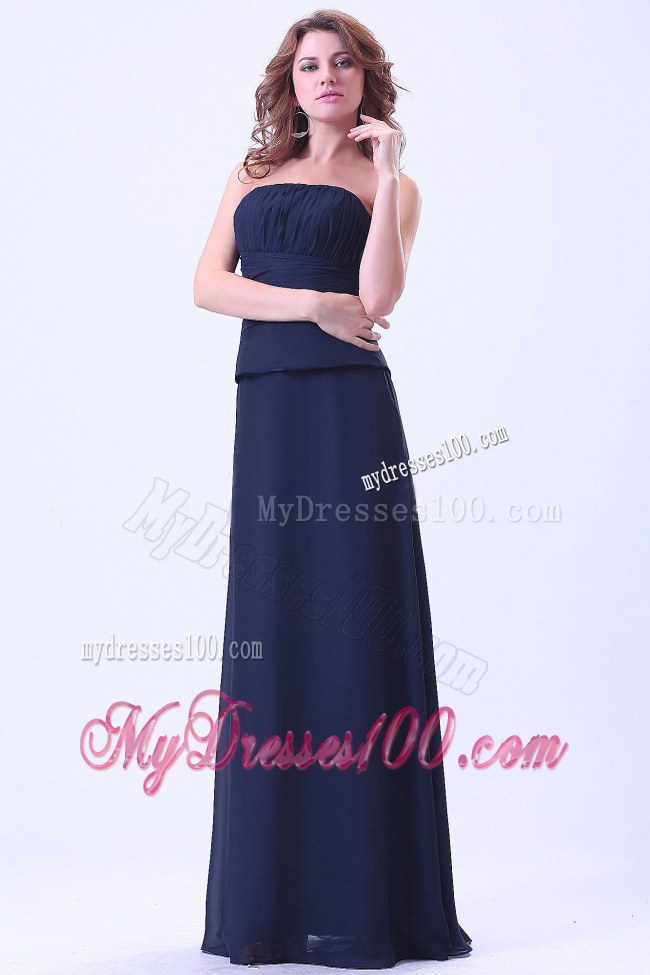 Empire Navy Blue Strapless Bridemaids Dress Chiffon Floor-length