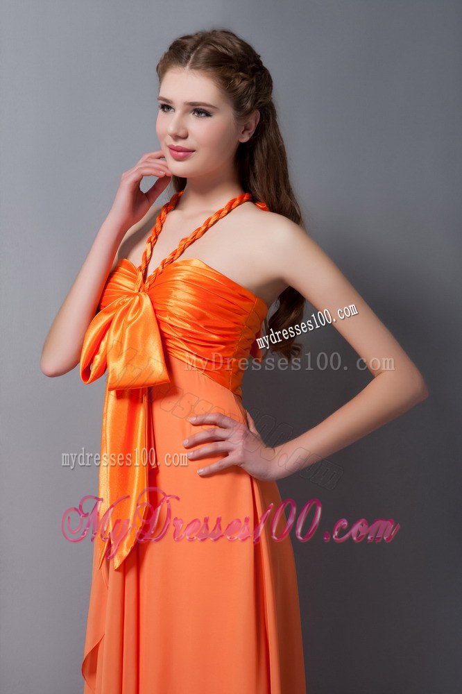 Customize Orange Red Halter Ruched Bridesmaid Dress in Empire