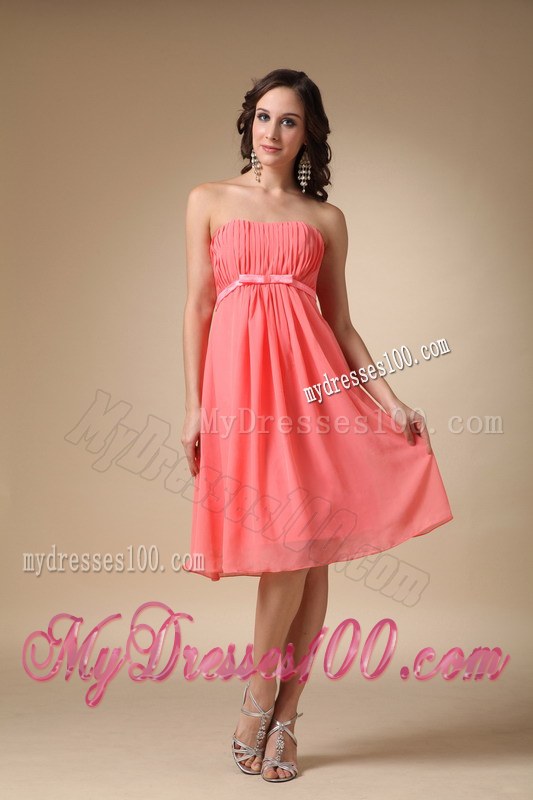 Watermelon Red Empire Chiffon Ruched Bridesmaid Dress in Knee-length