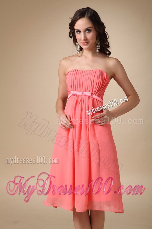 Watermelon Red Empire Chiffon Ruched Bridesmaid Dress in Knee-length