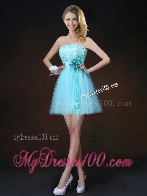 Cheap Lace Short Dama Dresses in Aqua Blue