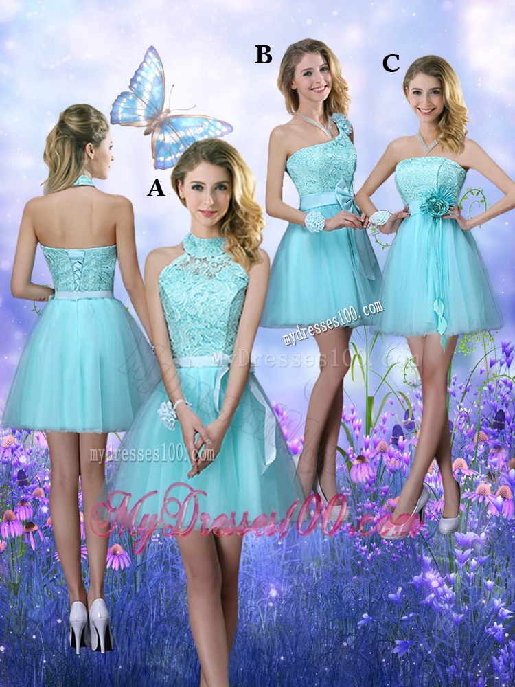 Cheap Lace Short Dama Dresses in Aqua Blue