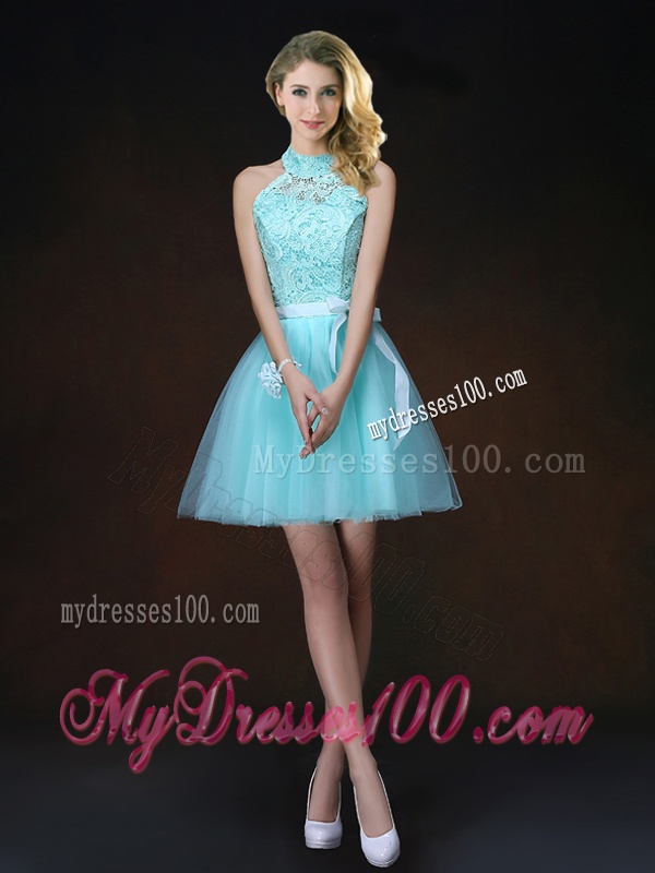 Cheap Lace Short Dama Dresses in Aqua Blue