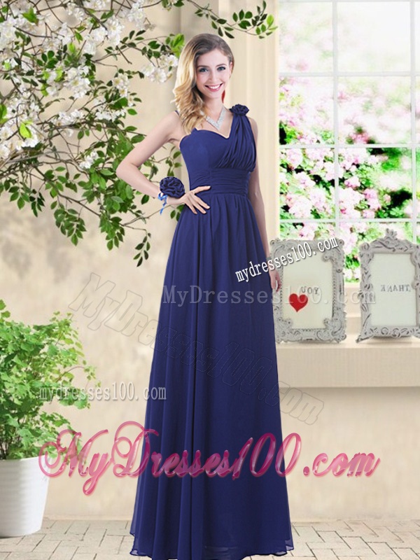 Cheap One Shoulder Floor Length Dama Dresses in Navy Blue