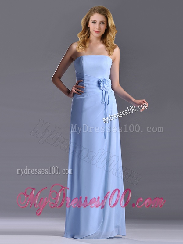 Cheap Strapless Hand Crafted Flower Long Dama Dress in Light Blue