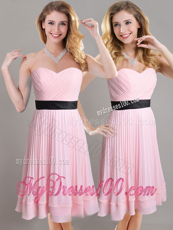 Discount Empire Pleated and Black Belted Dama Dress in Baby Pink