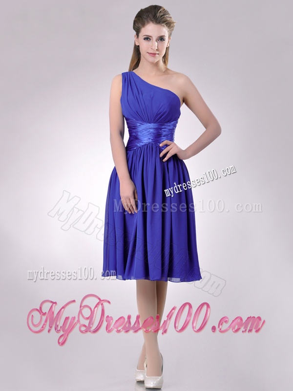 Elegant One Shoulder Chiffon Blue Dama Dress with Side Zipper