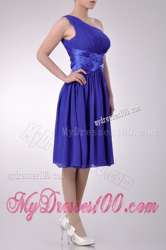 Elegant One Shoulder Chiffon Blue Dama Dress with Side Zipper