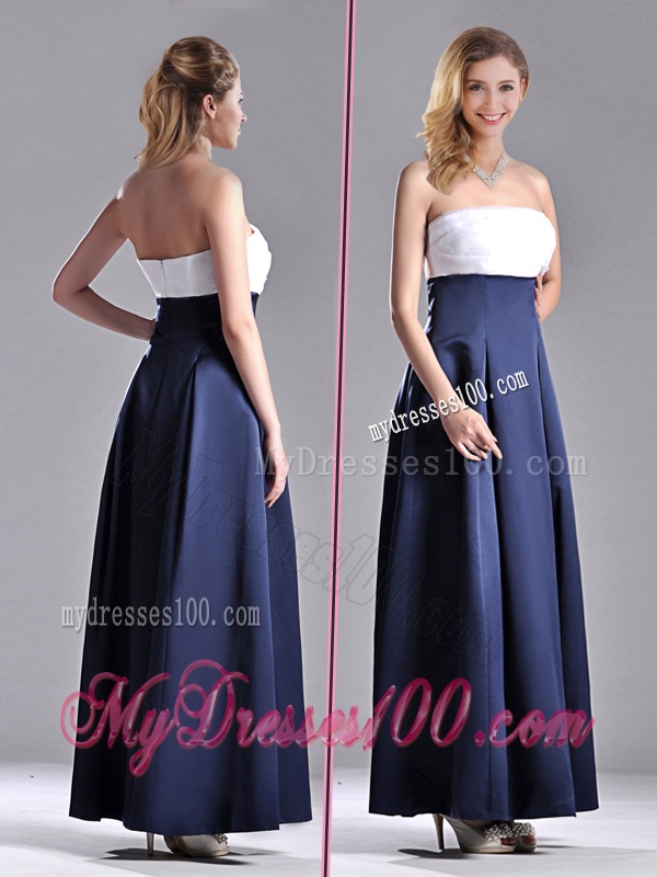 Elegant Strapless Ankle Length Dama Dress in Navy Blue and White