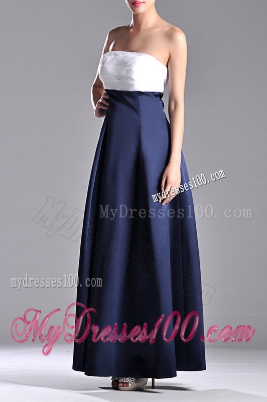 Elegant Strapless Ankle Length Dama Dress in Navy Blue and White