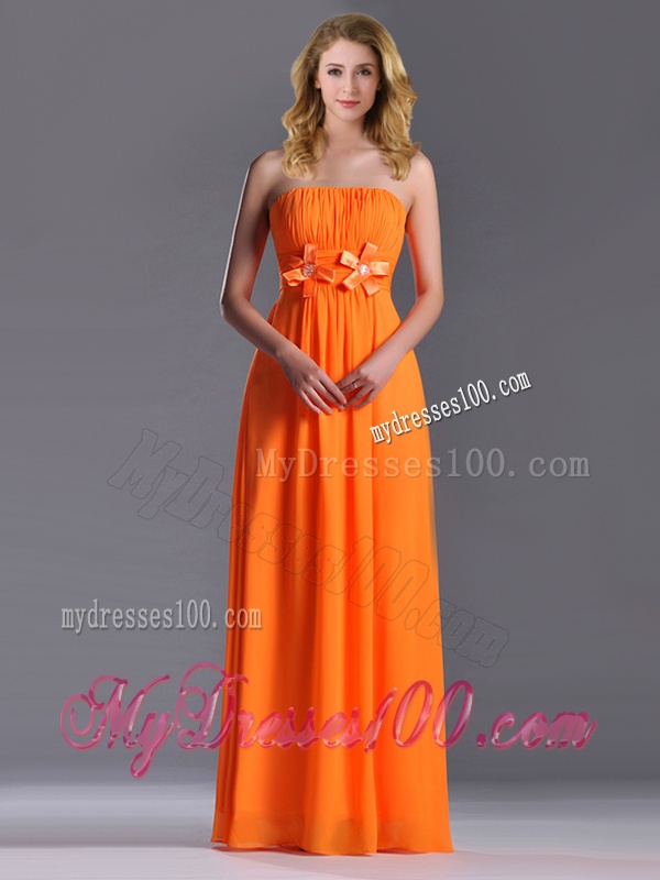 Empire Strapless Ruching Chiffon Long Dama Dress in Orange