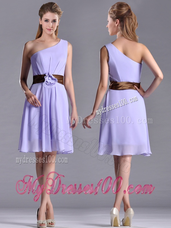 Exclusive One Shoulder Lavender Short Dama Dress with Brown Belt