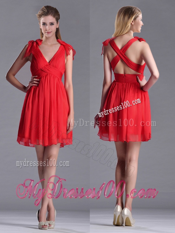 Exclusive V Neck Criss Cross Dama Dress with Ruching and Bowknot