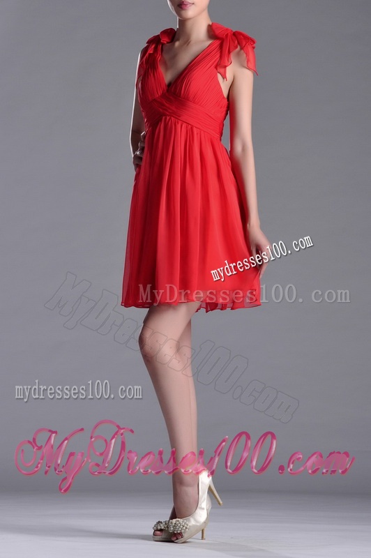 Exclusive V Neck Criss Cross Dama Dress with Ruching and Bowknot