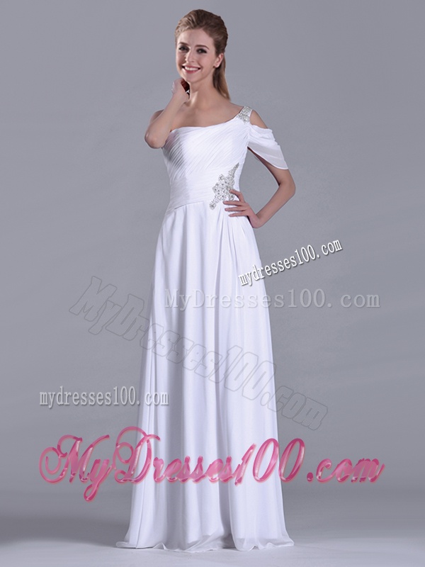 Fashionable Empire One Shoulder Beaded White Long White Dama Dress for Holiday