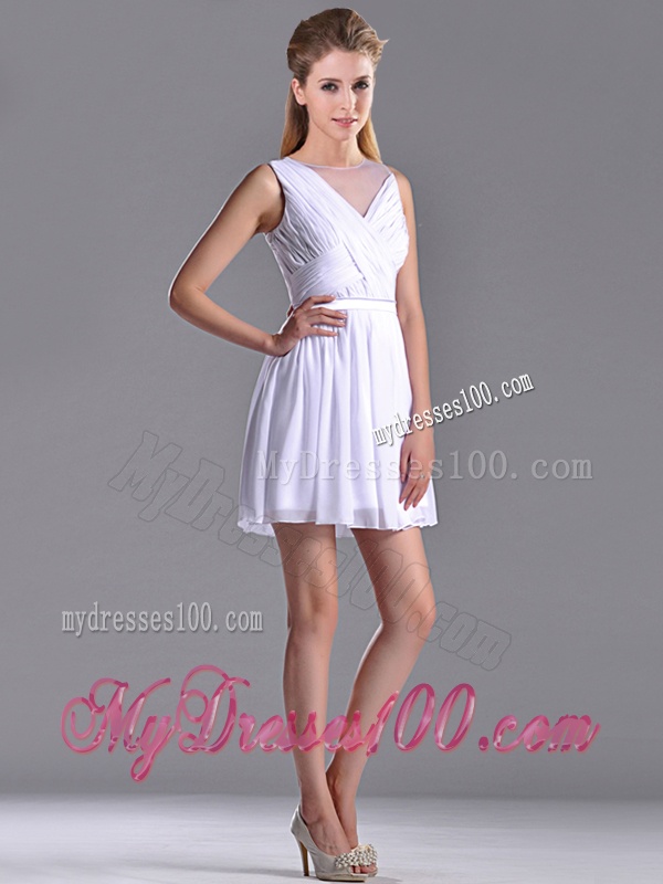 Fashionable See Through Scoop White Dama Dress with Ruching