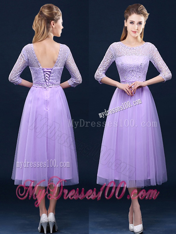 Latest Half Sleeves Tea Length Laced Dama Dress in Lavender