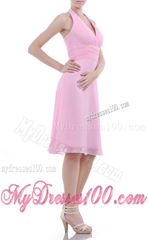 Latest Halter Top Knee Length Dama Dress in Baby Pink