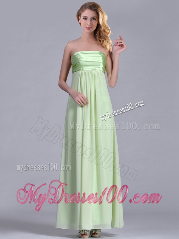 Latest Strapless Yellow Green Chiffon Dama Dress in Ankle Length