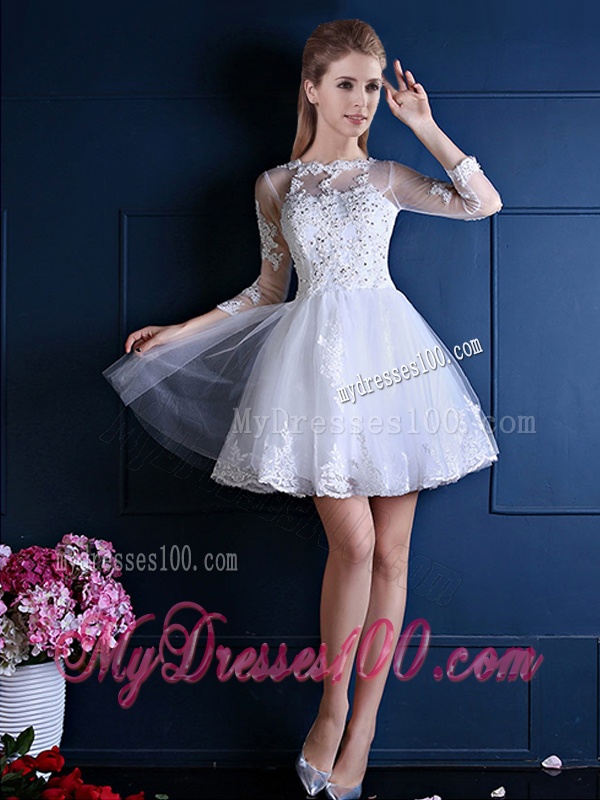 New See Through Scoop Three Fourth Length Sleeves Short Dama Dress in White