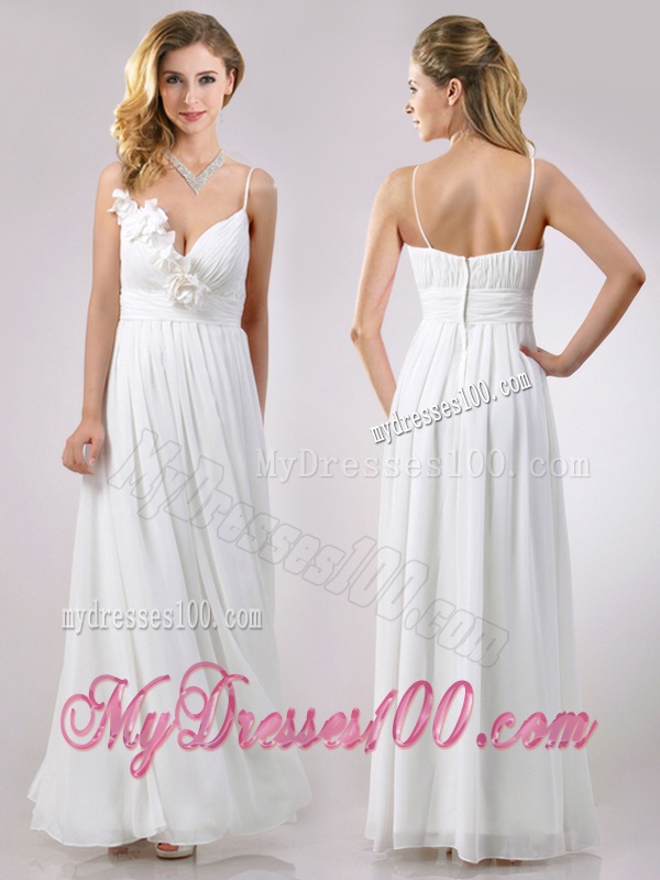 Popular Spaghetti Straps Applique and Ruched Dama Dress in White