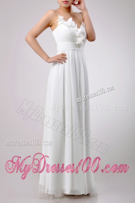 Popular Spaghetti Straps Applique and Ruched Dama Dress in White