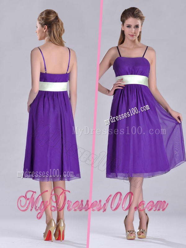 Romantic Spaghetti Straps Belted Eggplant Purple Dama Dress in Tea Length