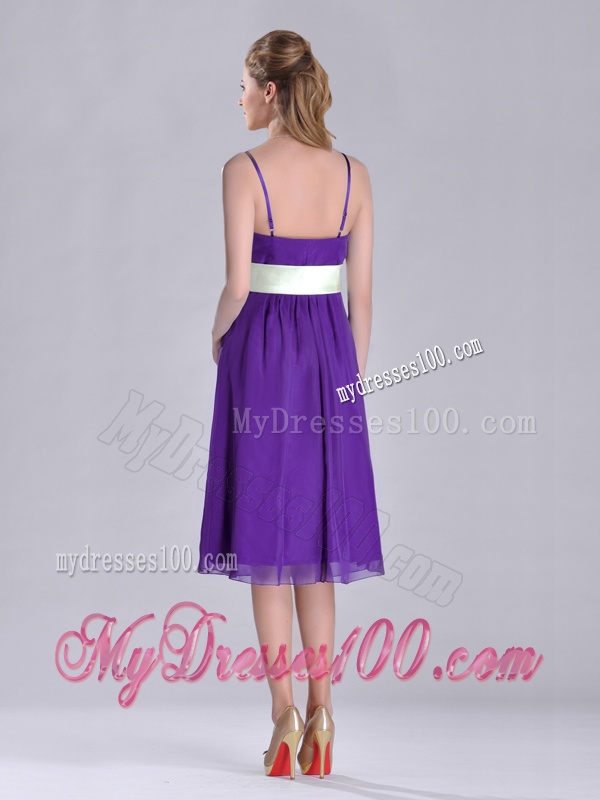 Romantic Spaghetti Straps Belted Eggplant Purple Dama Dress in Tea Length