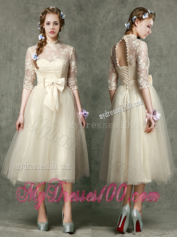 See Through High Neck Half Sleeves Dama Dress with Lace and Bowknot