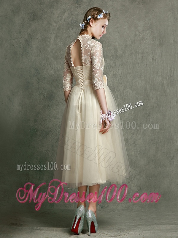 See Through High Neck Half Sleeves Dama Dress with Lace and Bowknot