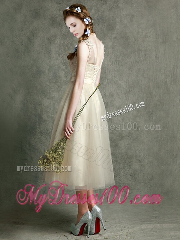 See Through Scoop Champagne Dama Dress with Hand Made Flowers and Appliques