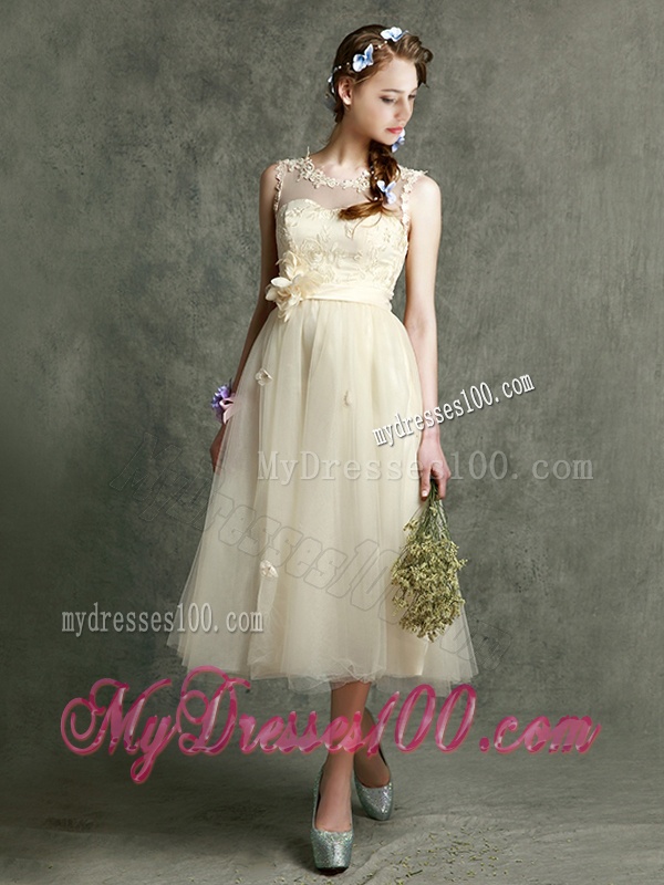 See Through Scoop Champagne Dama Dress with Hand Made Flowers and Appliques