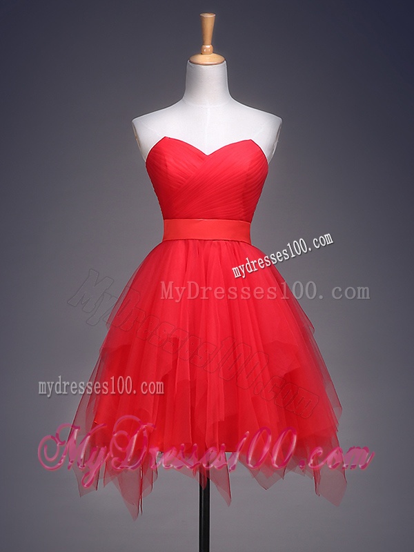 Wonderful Ruffled and Belted Short Dama Dress in Red