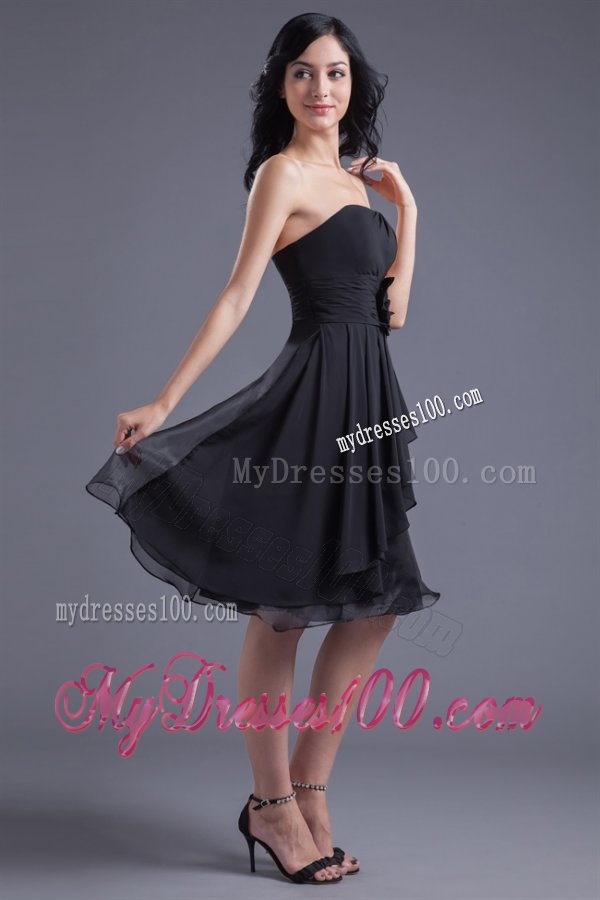 A-line Black Strapless Knee-length Hand Made Flowers Evening Dress