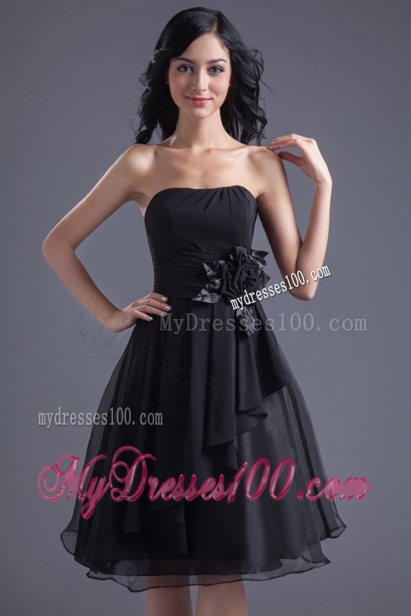 A-line Black Strapless Knee-length Hand Made Flowers Evening Dress