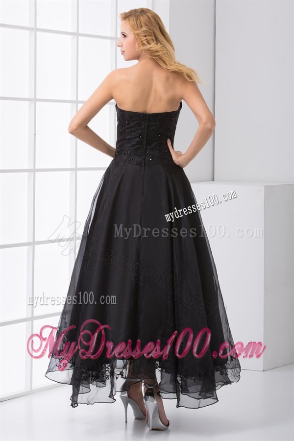 A-line Strapless Black Ankle-length Embroidery Evening Dress