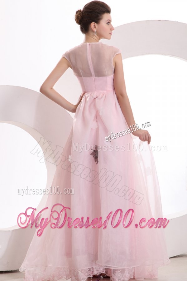 Beautiful Empire Pink Organza Appliques Evening Dress with High Neck