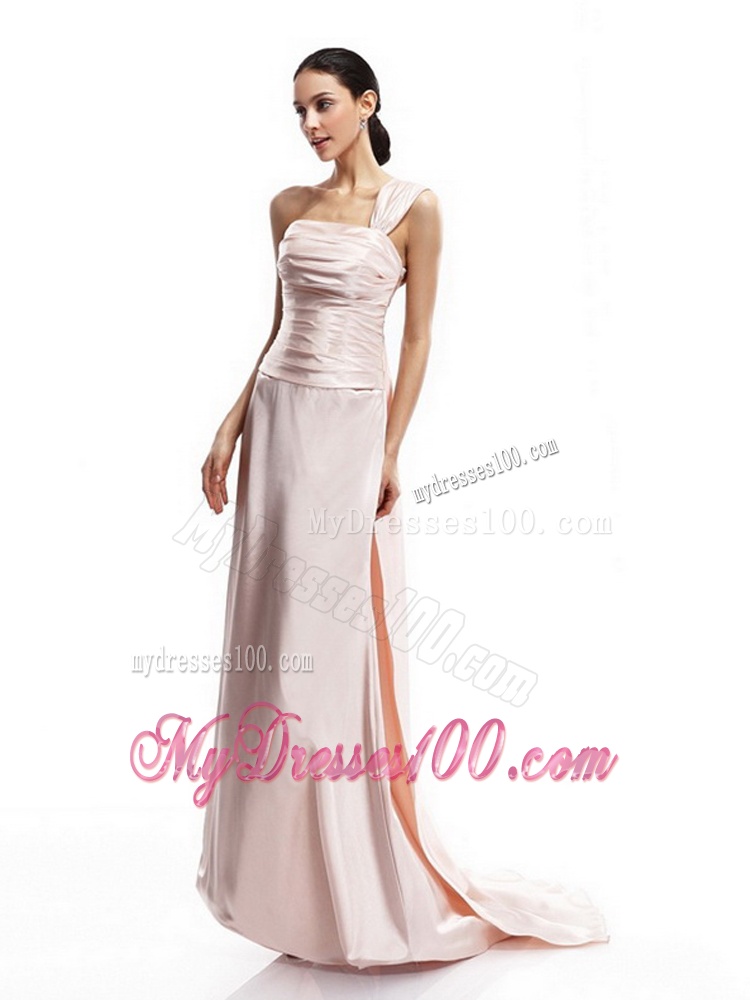 Champagne One Shoulder Ruching Evening Dresses with Brush Train