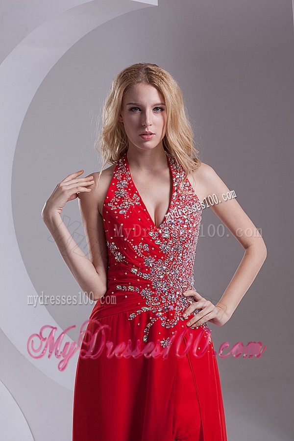 Column Halter Top Chiffon Beading Ruching Red Evening Dress