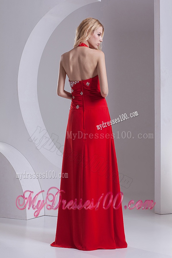 Column Halter Top Chiffon Beading Ruching Red Evening Dress