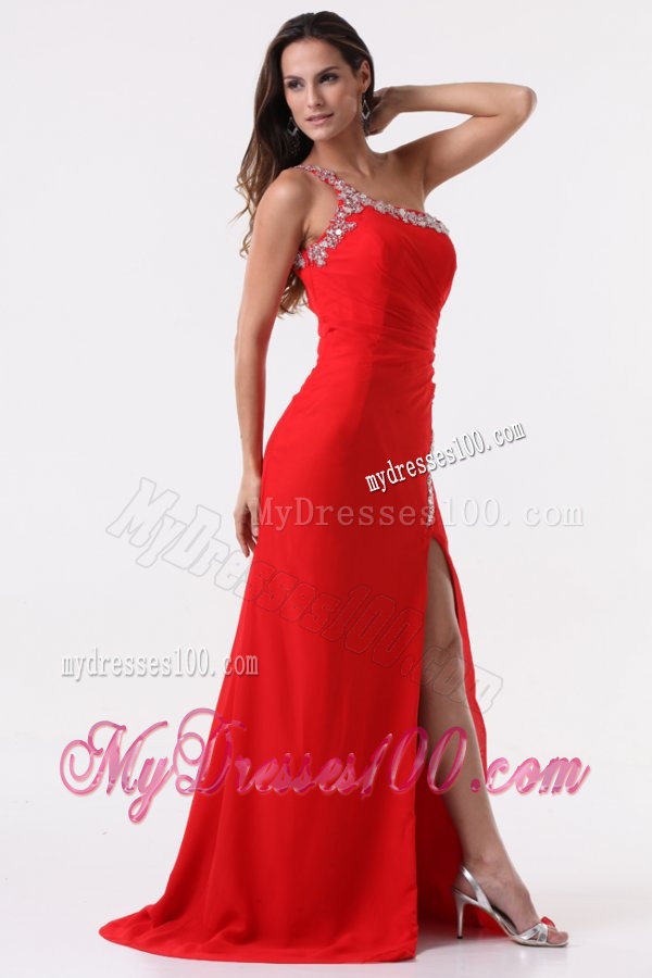 Column Red One Shoulder Beading High Slit Evening Dress