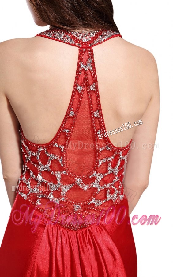 Column Straps Wine Red Beading and Ruching High Slit Evening Dress