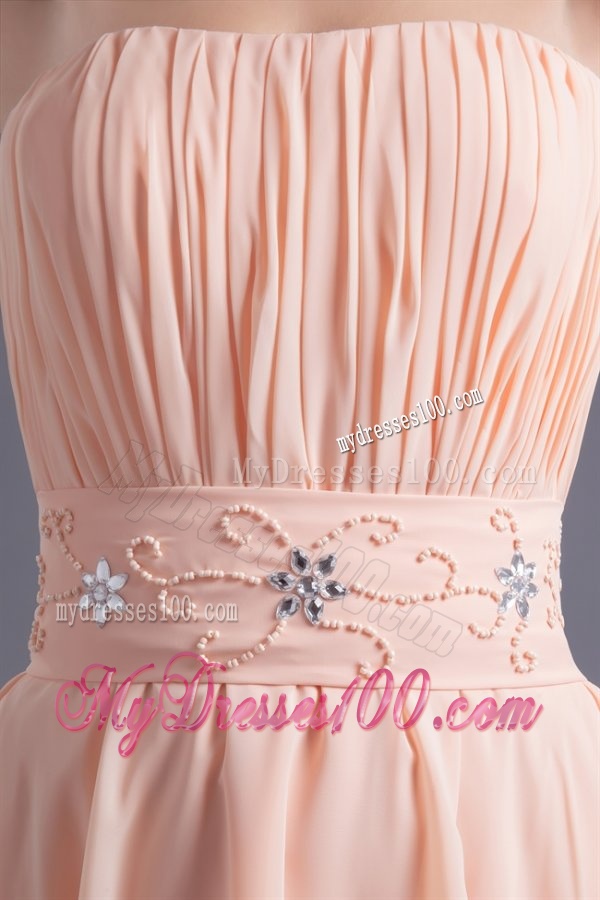 Elegant Empire Strapless V-neck Knee-length Chiffon Peach Evening Dress with Beading