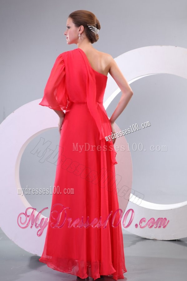 Empire One Shoulder Floor-length 3/4-Length Sleeve Evening Dress in Coral Red