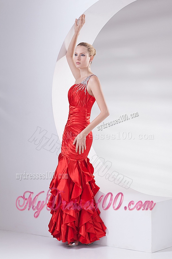 Mermaid Wine Red One Shoulder Beading Ruching Ruffles Long Evening Dress