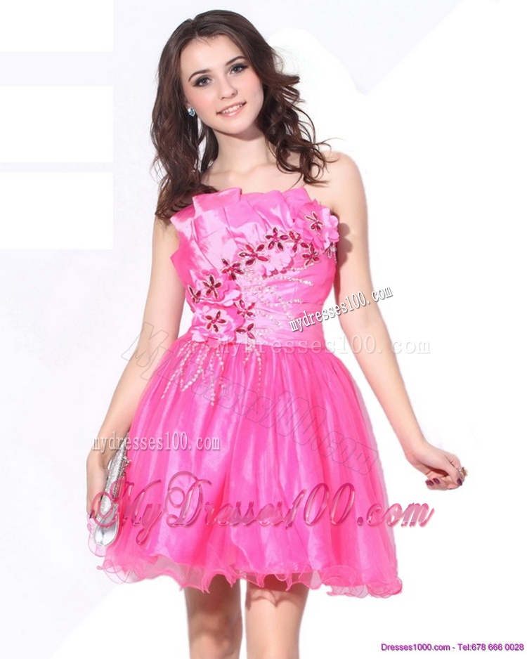 One Shoulder Hot Pink Short Evening Dresses with Ruching and Beading