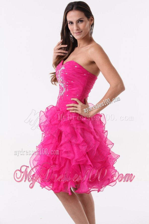 Princess Hot Pink Ruffles Beading Ruching Knee-length Evening Cocktail Dress