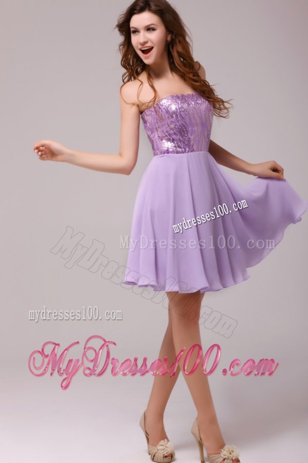 Purple Strapless Sequins Chiffon Knee-length Evening Dress