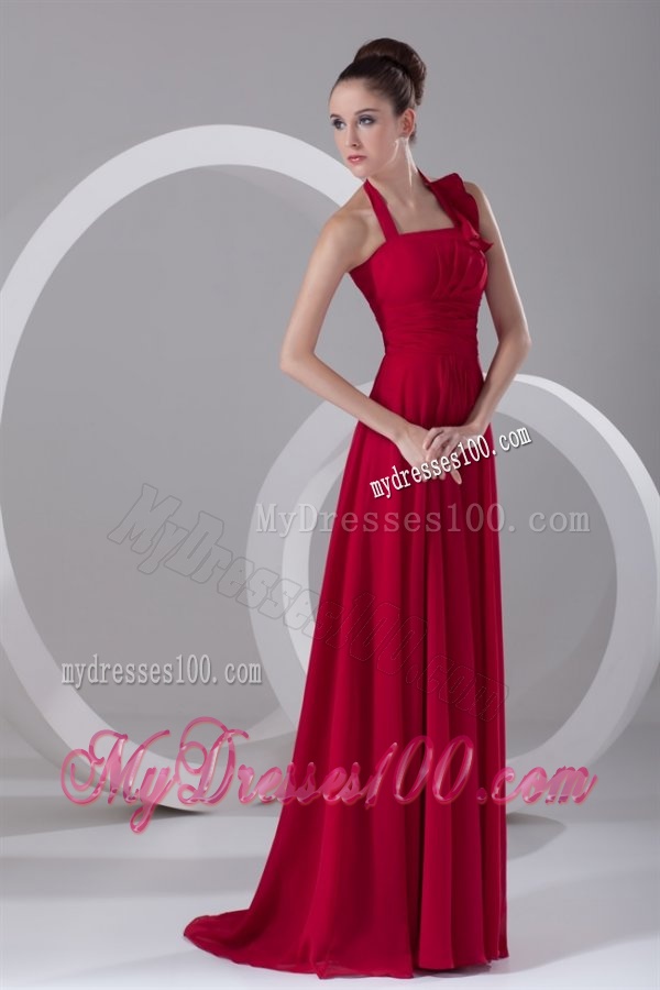 Simple Empire Halter Red Floor-length Ruching Chiffon Evening Dress