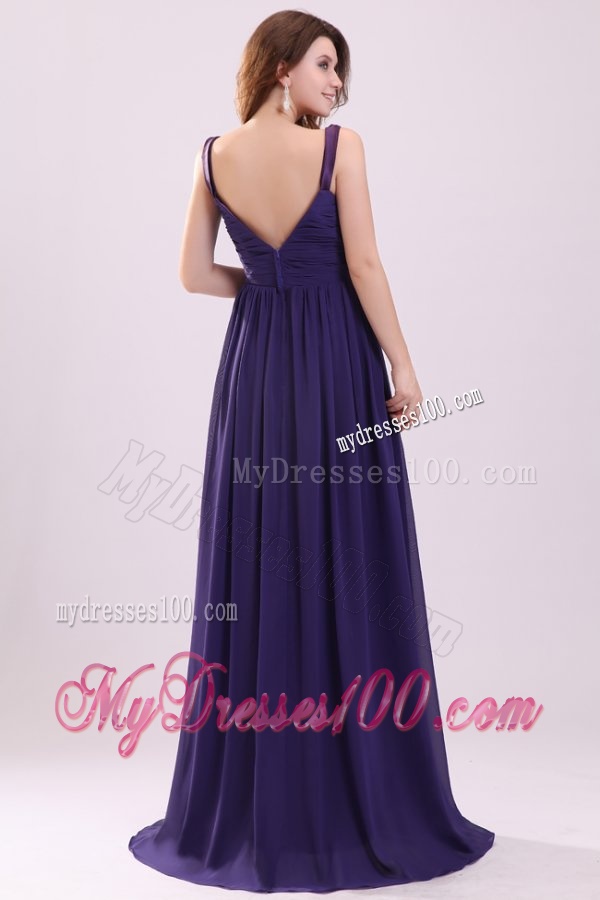 Simple Purple Empire V-neck Ruching Floor-length Chiffon Evening Dress